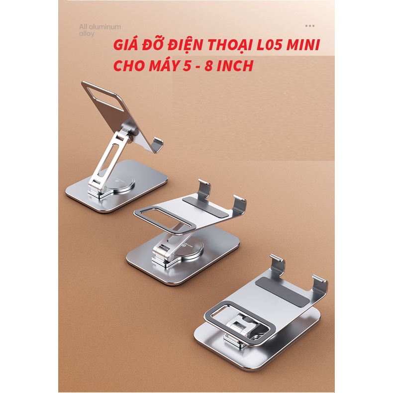 Giá đỡ kê điện thoại, ipad, tablet, máy tính bảng L05, L05 mini chân đế xoay tròn 360 độ từ hợp kim nhôm cao cấp