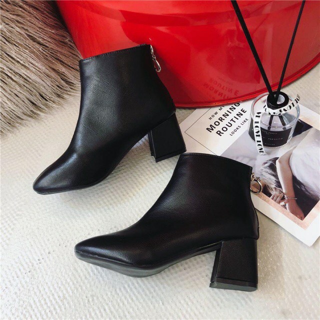 Boot da vân sần  boot nữ da lì gót vuông khoá sau móc tròn và dây kéo có lót lông gót 6cm và 7cm | BigBuy360 - bigbuy360.vn