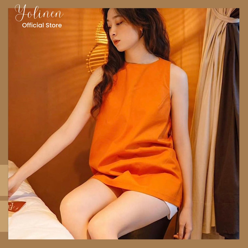 Bộ nữ mặc nhà sát nách form rộng trẻ trung YOLINEN vải linen thoáng mát nút bọc quyến rũ