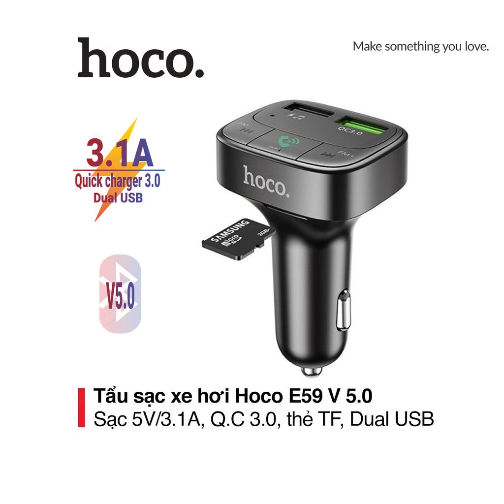 Tẩu sạc xe hơi 5V/3.1A Hoco E59 Bluetooth V5.0 khe cắm thẻ TF 2 cổng USB