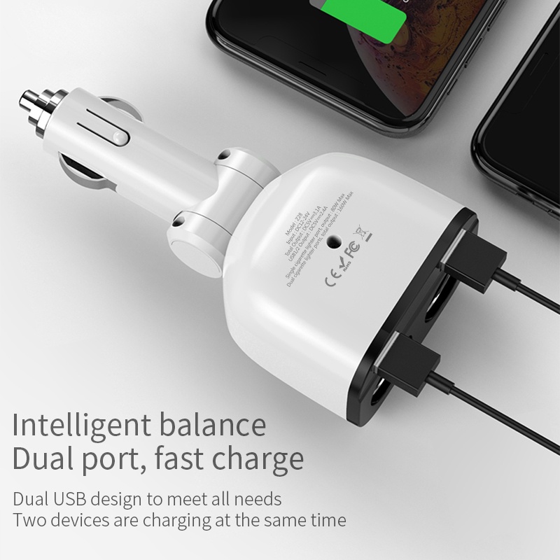 Tẩu sạc HOCO.Z28 160W cổng cắm USB kép với màn hình LED hiển thị có thể xoay 45 độ cho xe hơi