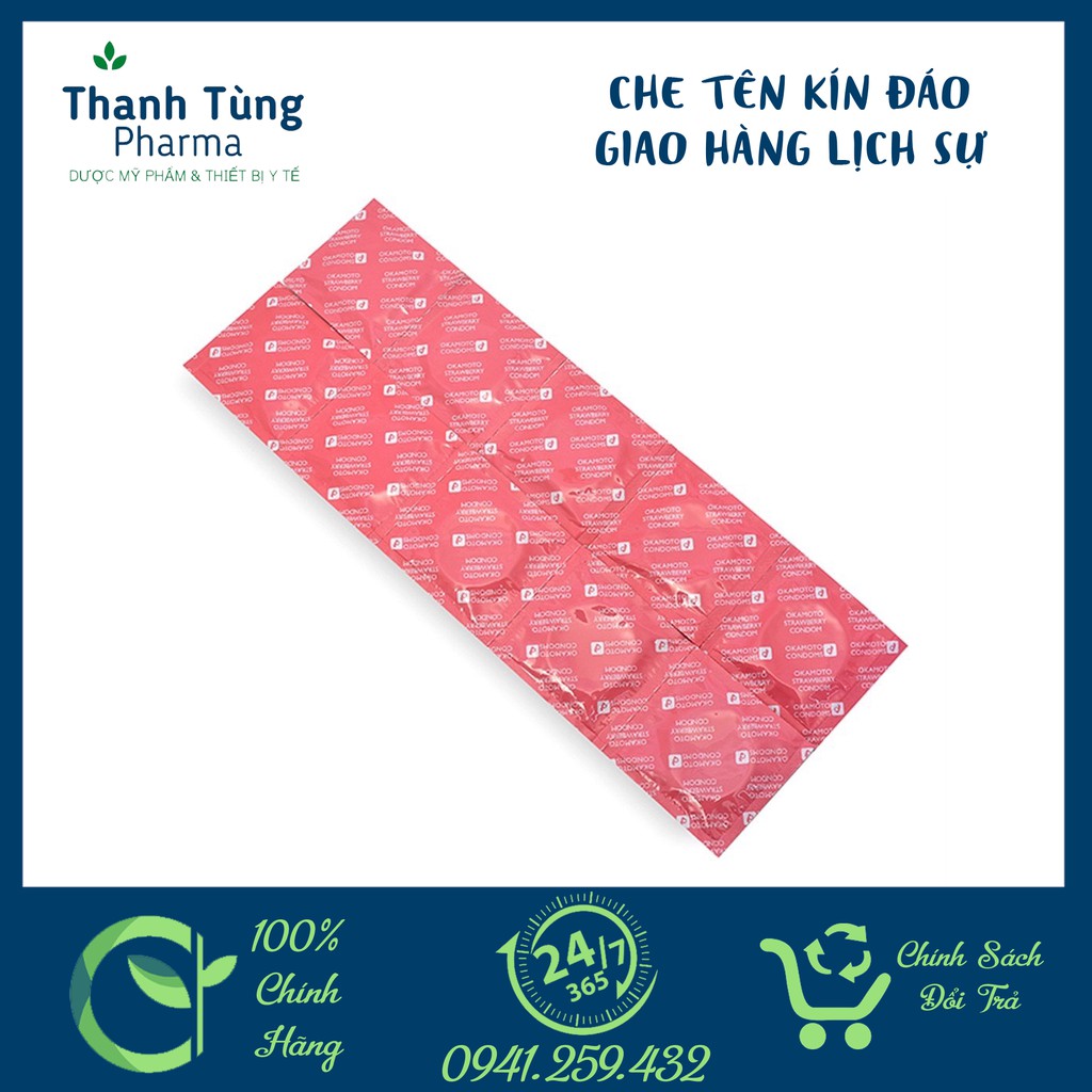 Okamoto Skinless Skin Strawberry ✅[CHE TÊN KÍN ĐÁO]✅⚜️CHÍNH HÃNG⚜️ Bao Cao Su Hương Dâu Hộp 10 Cái