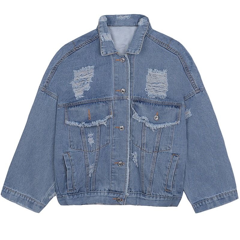 Áo Khoác Denim Dáng Rộng Phối Rách Kiểu Harajuku Hàn Quốc Cá Tính Cho Nam