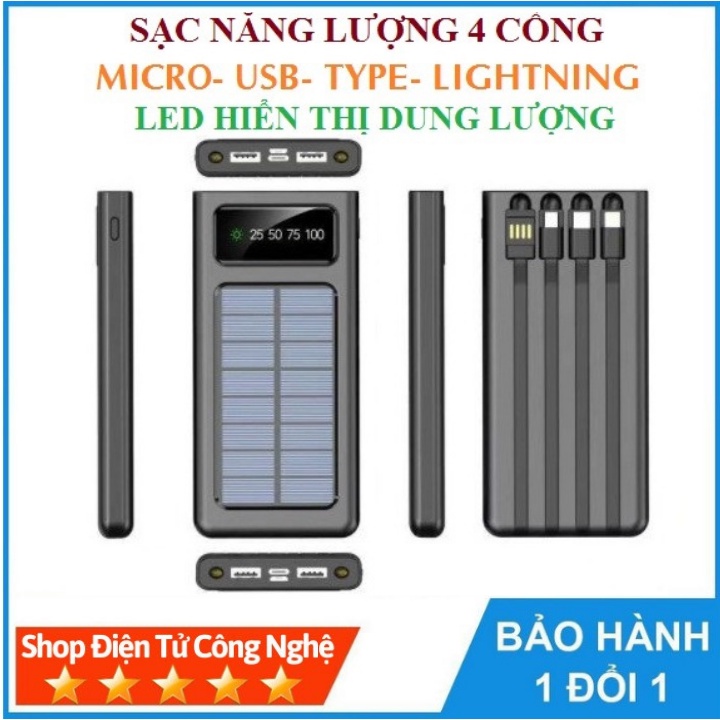 Sạc Dự Phòng Năng Lượng Mặt Trời Kèm 4 Dây Cáp Sạc Linghting Micro Type  Usb Có Hiển Thị  Dung Lượng Pin