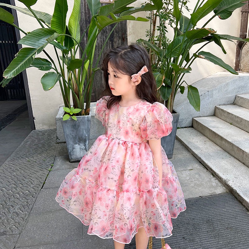 Đầm Công Chúa Tay Phồng Phối Lưới Họa Tiết Hoa Hồng Thời Trang Mùa Hè Cho Bé Gái