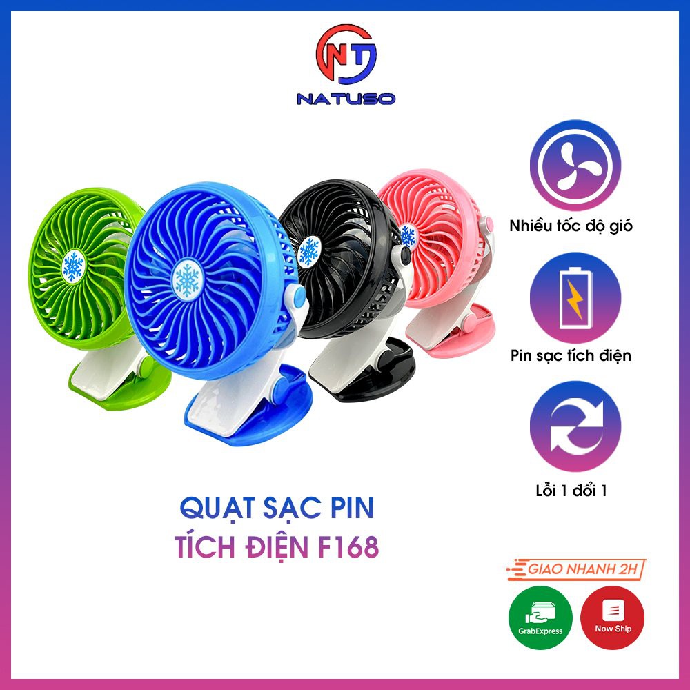 Quạt mini tích điện kẹp xe đẩy F168 3 tốc độ gió nhỏ gọn để bàn đế xoay 360 độ