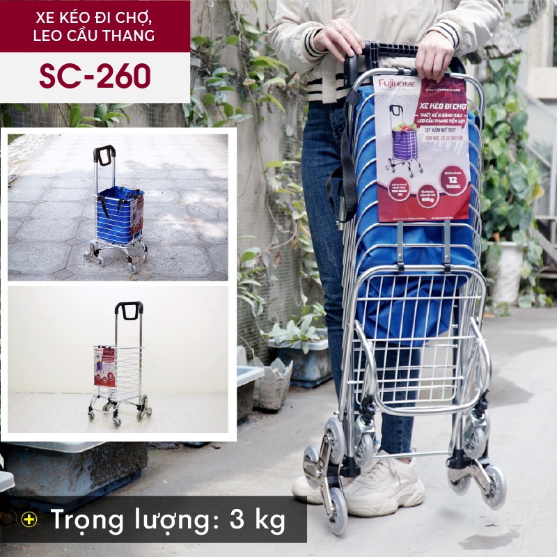 Xe kéo đi chợ leo cầu thang 8 bánh Nhật Bản Nhập Khẩu 60kg, xe đẩy hàng đi chợ gấp gọn có giỏ túi đa năng inox mini