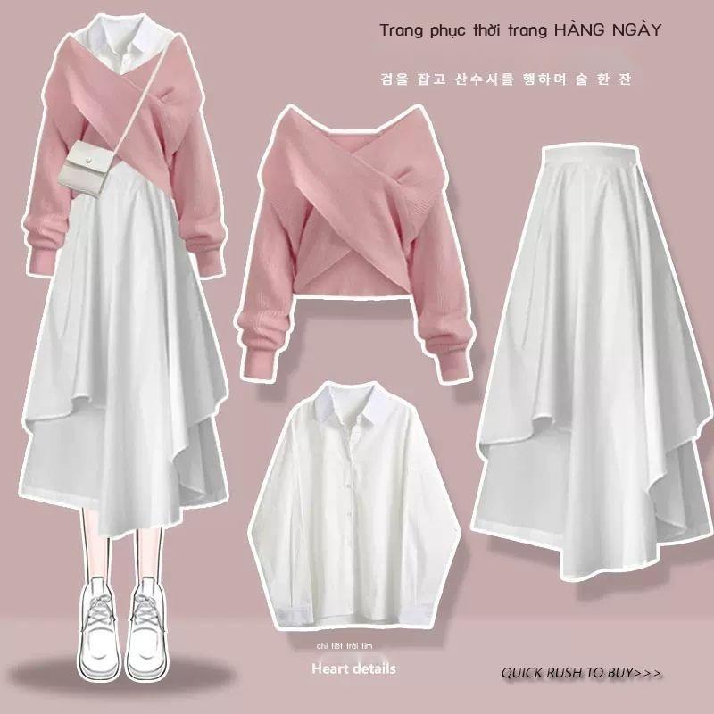 Bộ Áo sweater + Áo Sơ Mi + Chân Váy + Áo Khoác Thời Trang Hàn Quốc 2022 Dễ Thương Cho Nữ