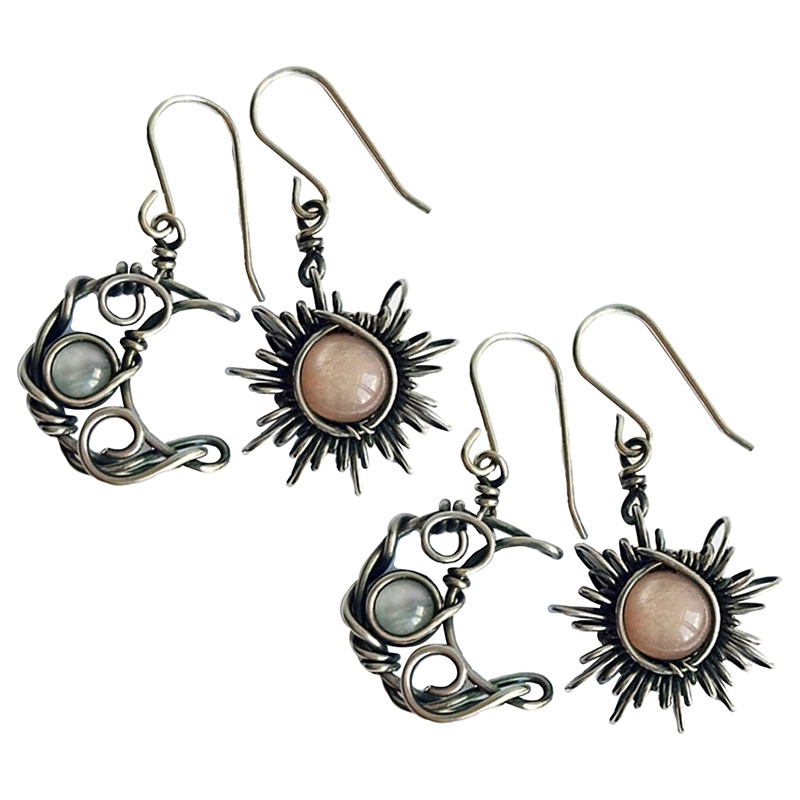 Bông Tai Bạc Hình Mặt Trời Và Mặt Trăng Thời Trang Vintage