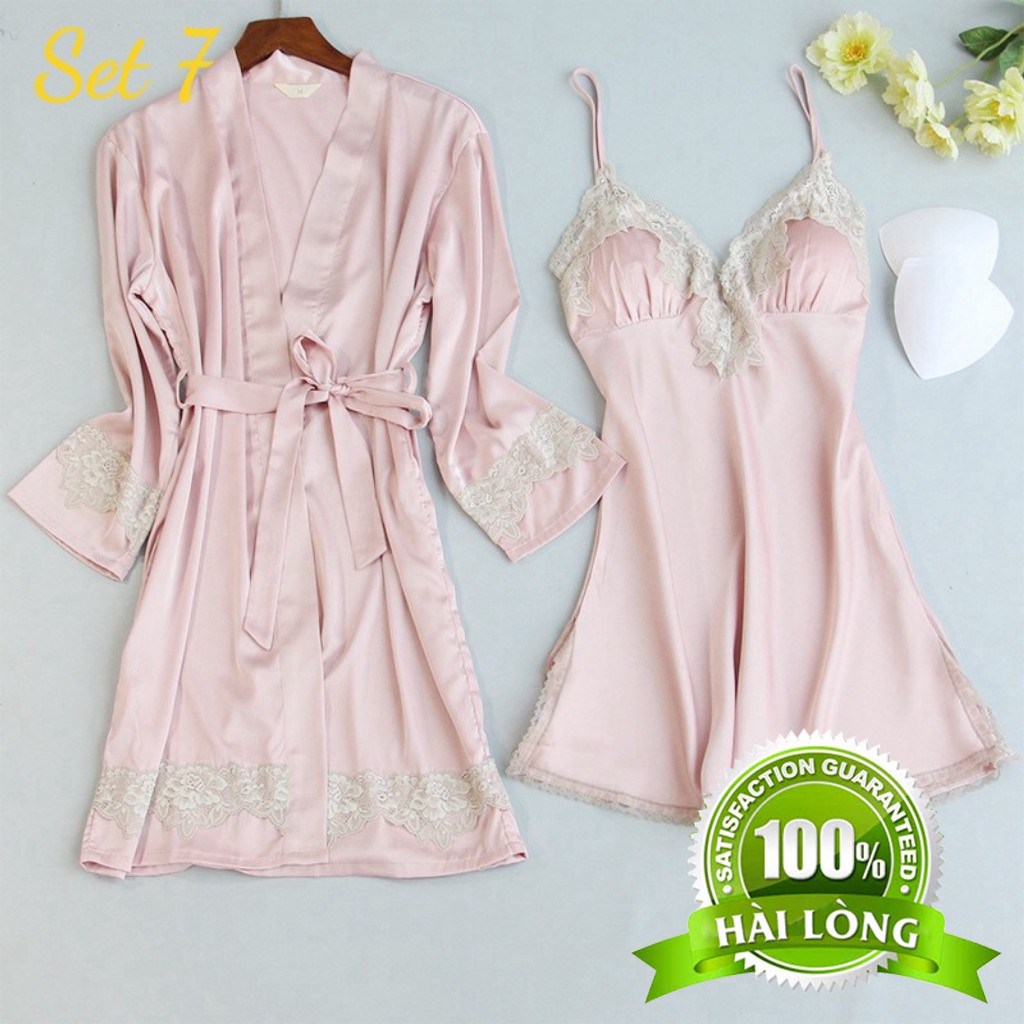 Váy Ngủ Lụa Gợi Cảm VN07 Có Set Áo Khoác Chất Satin Mát Mịn Hàng Quảng Châu Cao Cấp