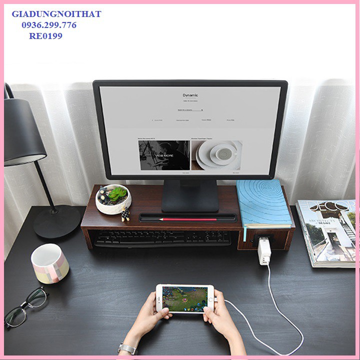 re0119 Kệ để màn hình máy tính có ổ cắm - Kệ để màn hình - Kệ máy tính để bàn