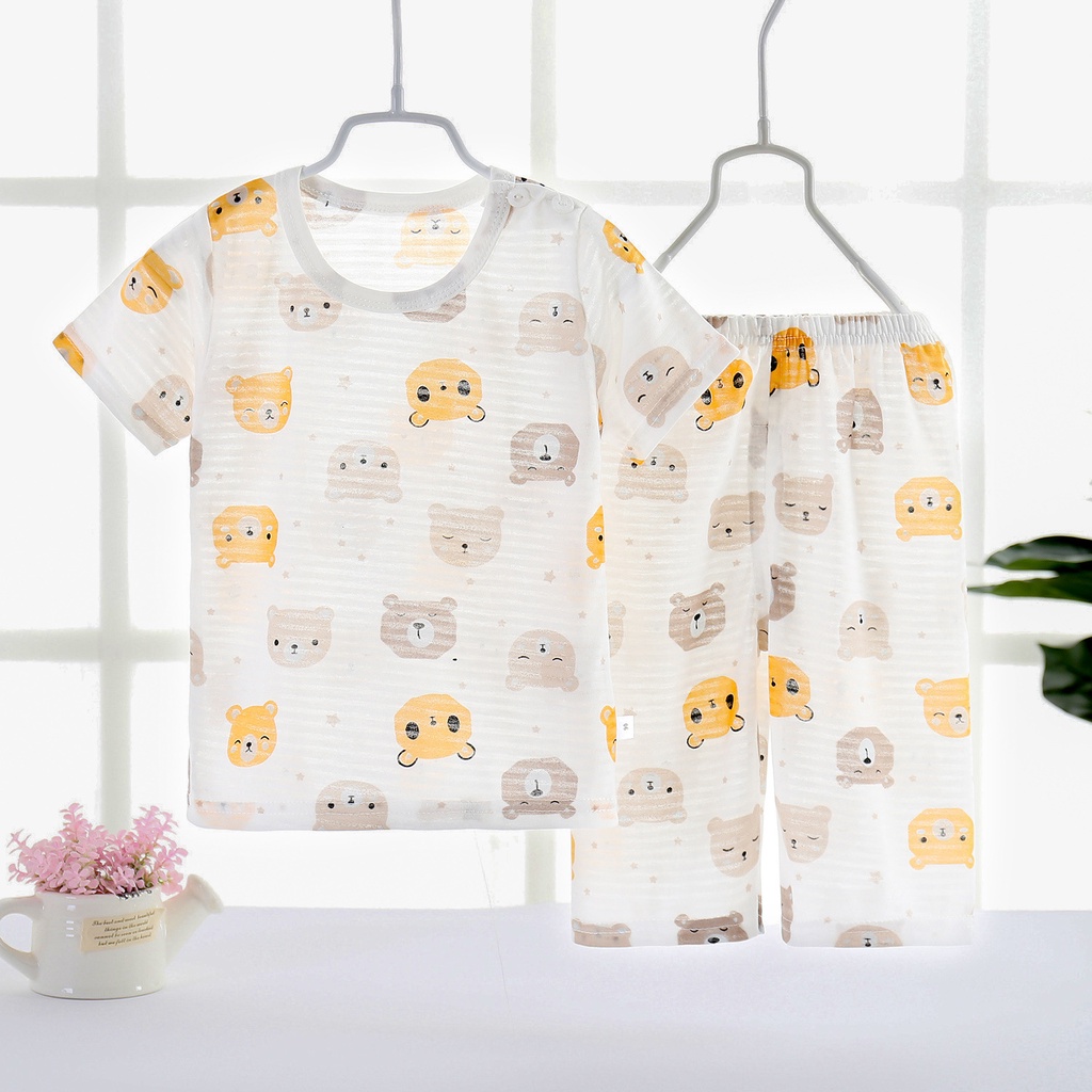 Set Đồ Ngủ 2 Món Gồm Áo Tay Cộc In Hoạt Hình + Quần Cotton Thoáng Khí Cho Bé Sơ Sinh
