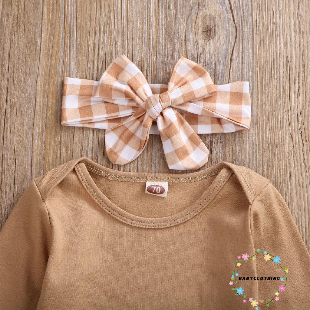 ღWSVღ3PCS Toddler Baby Girls Cotton Long Sleeve Romper Bodysuit Ruffle Plaid Short Pants Headband Clothes Outfit Set