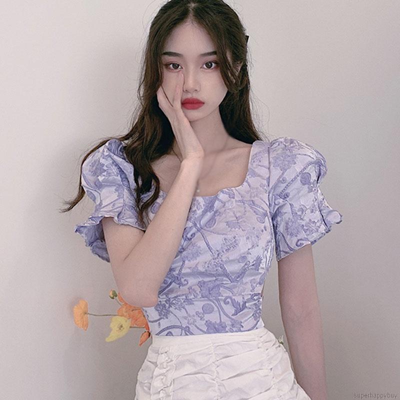 Áo Croptop Tay Phồng Cổ Vuông In Họa Tiết Hoa Phong Cách Retro