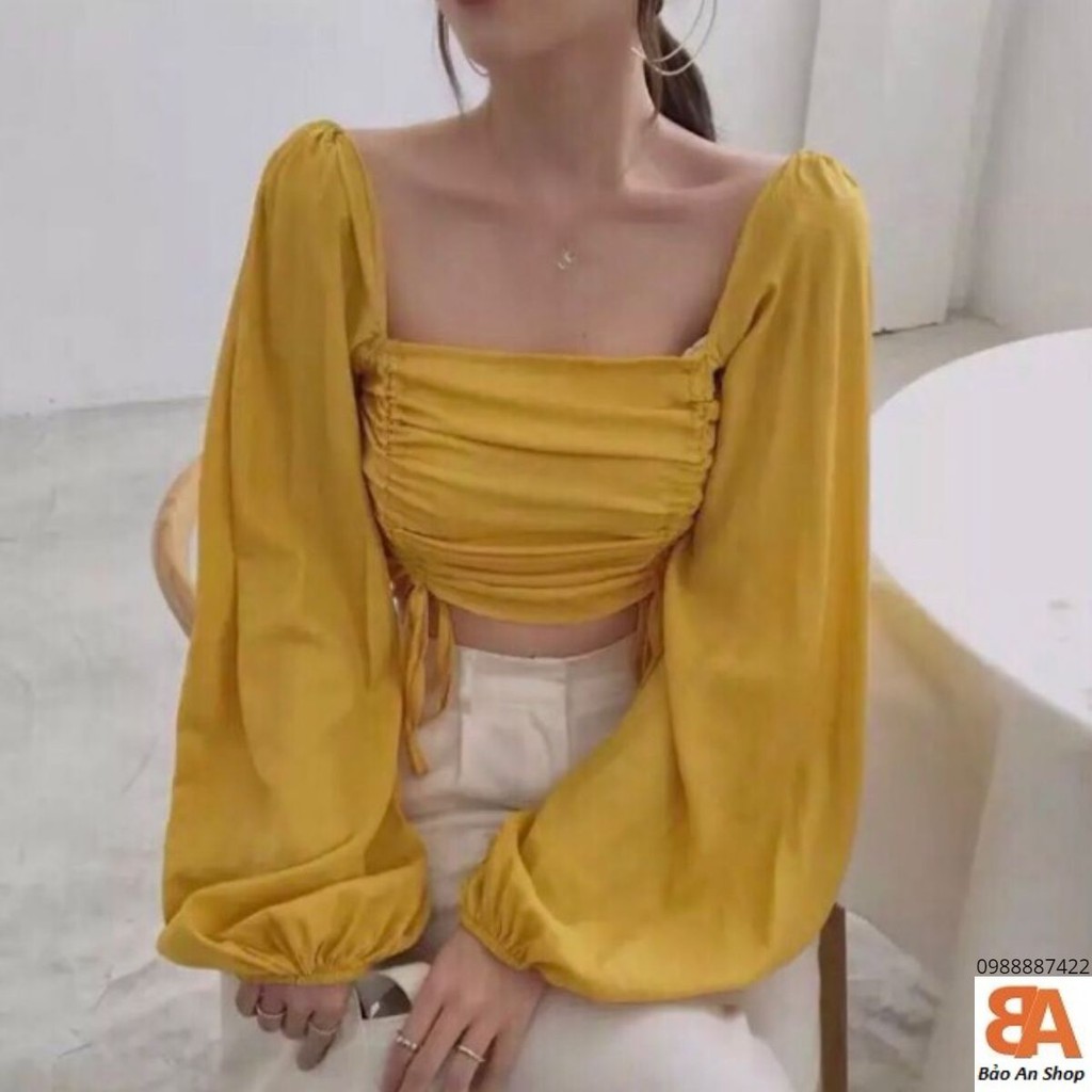 Áo croptop nữ kiểu bẹt vai cổ vuông phối dây rút 2 bên eo chất vải Voan