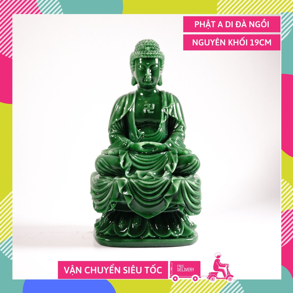 Tượng phật A Di Đà ngồi đài sen nguyên khối ngọc xanh - Cao 19cm