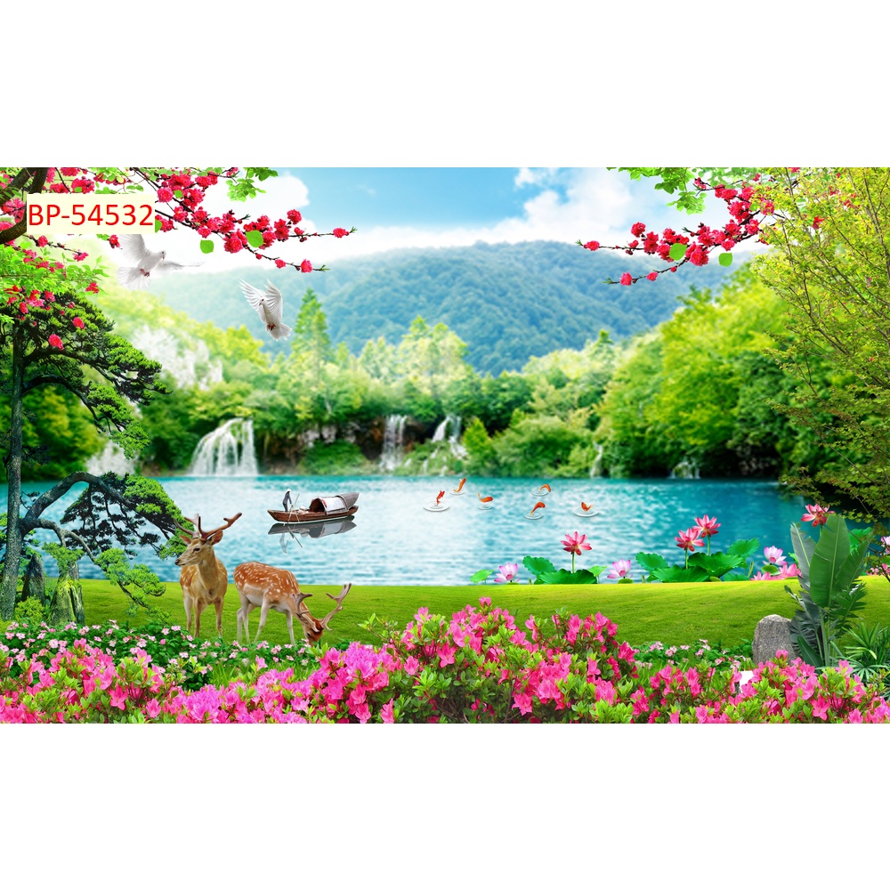 Tranh 3D phong cảnh sông suối nên thơ, cánh đồng hoa nở rộ, mặt hồ xanh biếc tĩnh lặng