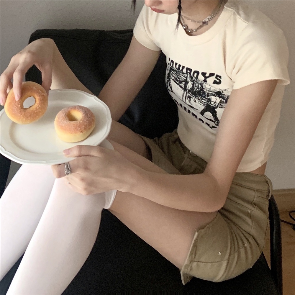 Áo thun thân ngắn dáng ôm tay ngắn phong cách Hàn Quốc quyến rũ cho nữ