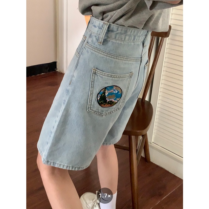 Quần Short denim Dáng Suông Thêu Họa Tiết Kiểu Hàn Quốc Thời Trang Cho Nữ