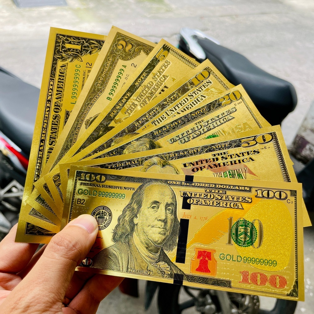 [Tặng bao lì xì] Bộ 7 Tờ Đô Mỹ, USD Mạ Vàng 24k lưu niệm Tài Lộc Lì Xì Tết Phong Thuỷ May Mắn