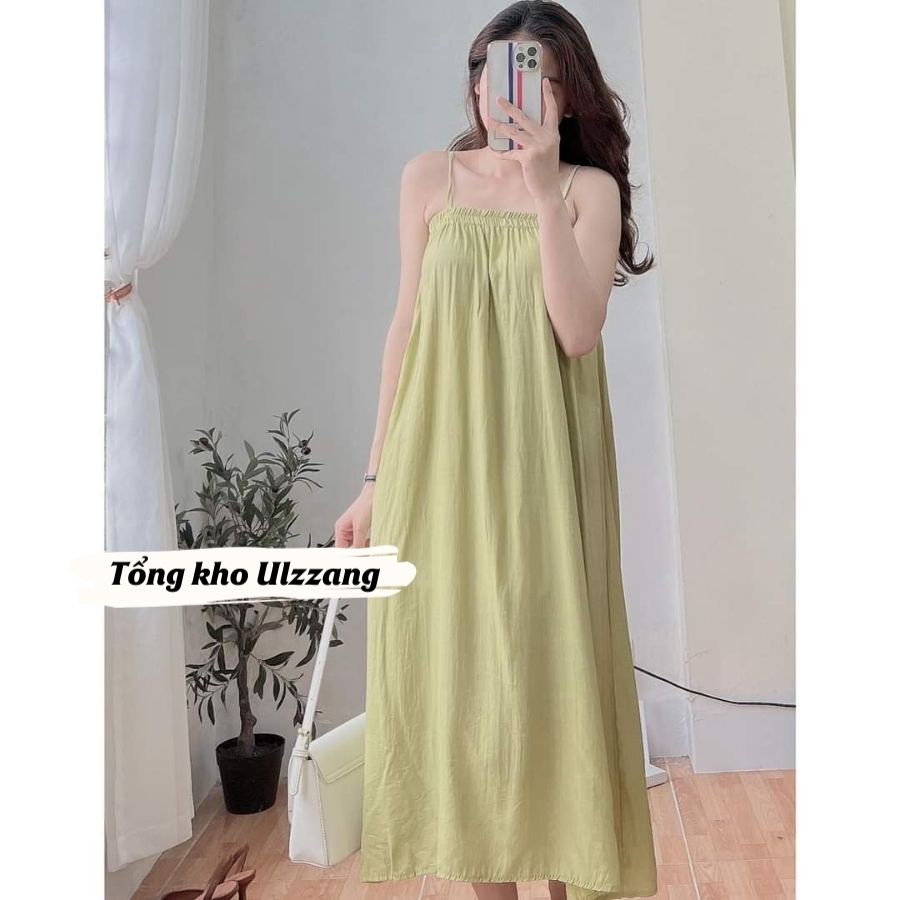 Váy Đầm Maxi Đi Biển Hai Dây Xòe Vải Đũi Lụa Mềm Mát Màu Xanh Lá Xanh Bơ