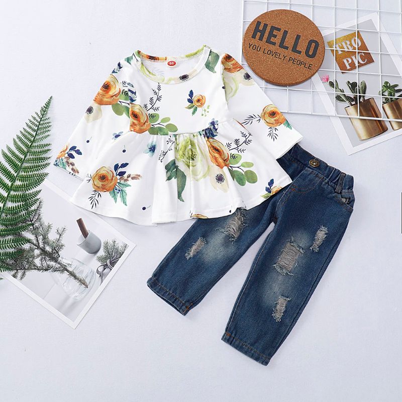 Set Áo Tay Bèo + Quần Jeans Dài In Hoa Dễ Thương Cho Bé Gái