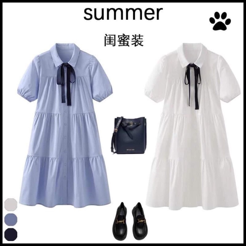 Váy sơ mi babydoll kèm nơ ullzang - Đầm sơ mi babydoll kèm nơ dáng xoè Pea Store (Hình thật/Sẵn)