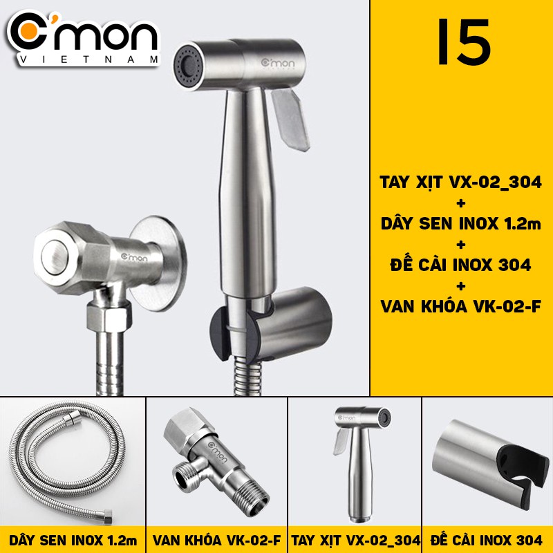 Bộ vòi xịt vệ sinh INOX 304 cao cấp C'mon VX-02-I + van khóa F C'mon VK-02-F