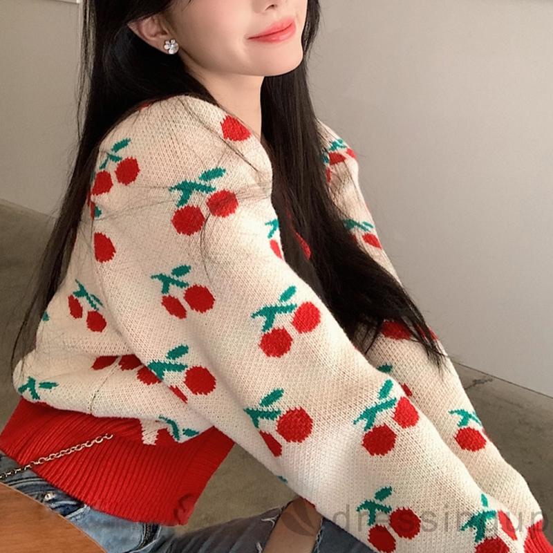 Áo khoác cardigan dệt kim cổ chữ V in họa tiết quả cherry phong cách cổ điển cho nữ
