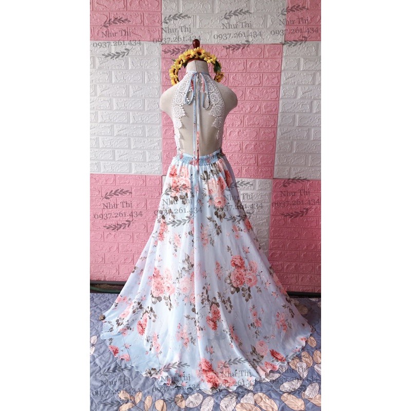 (miễn phí chỉnh váy) đầm maxi voan hoa yếm hở lưng váy xoè to đi biển du lịch chụp hình sống ảo thiết kế sang trọng