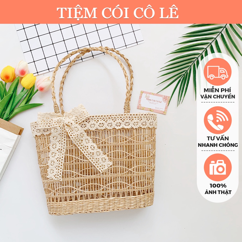 Làn cói đan thưa lượn sóng nơ ren cầm tay đi biển, chụp ảnh xinh xắn - Tiệm Cói Cô Lê