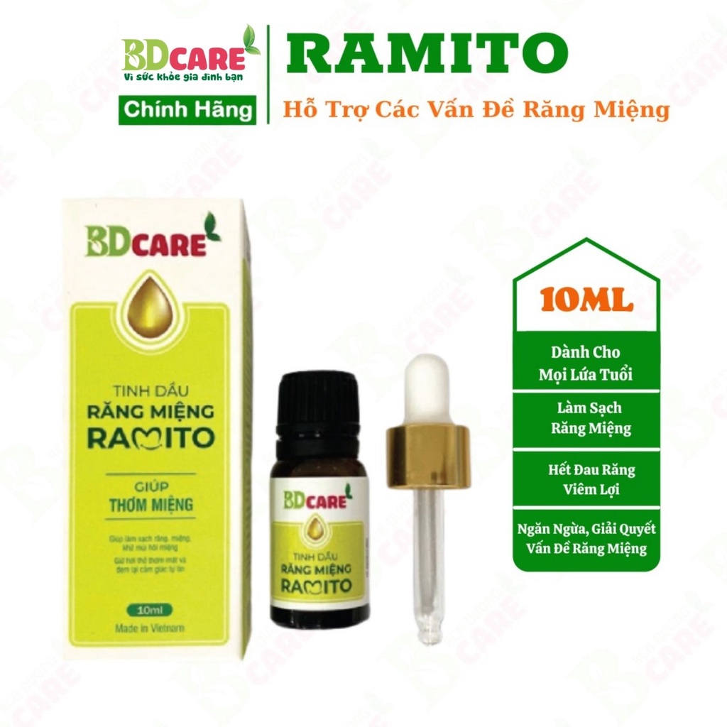 Tinh dầu răng miệng Ramito làm sạch, tạo hơi thở thơm mát, phòng ngừa và hỗ trợ giải quyết các vấn đề răng miệng lọ 10ml