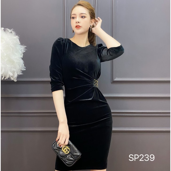 Váy nhung ôm cổ tròn eo đính ngọc, váy nhung nữ body thời thượng - SP239 | BigBuy360 - bigbuy360.vn