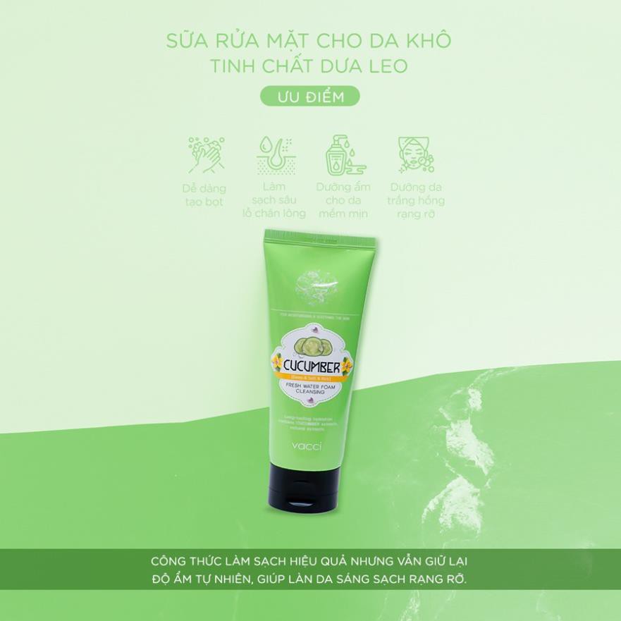 Sữa rửa mặt Dưa Leo Vacci Cho Da Khô Làm Sạch Sâu Trắng Da 100ml