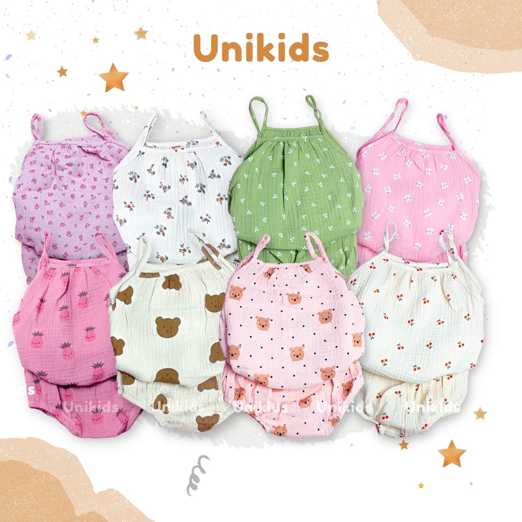 Bộ quần áo 2 dây bé gái vải xô muslin Hàn Quốc vải mềm mát hàng thiết kế Unikids size 6 - 14kg