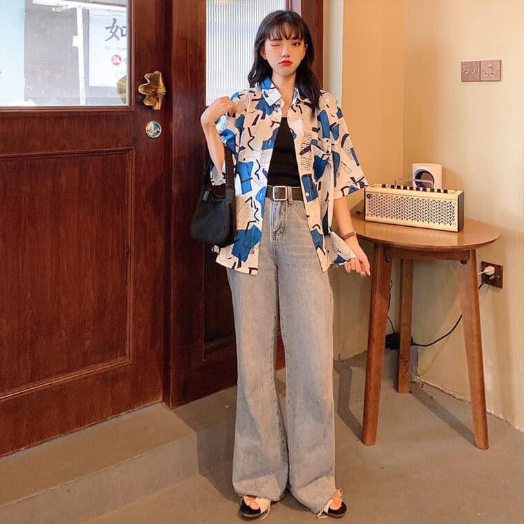 Áo SƠ MI NỮ form rộng in 3D cổ bẻ tay ngắn - lỡ dáng ulzzang freesize unisex mặc cặp, nhóm, HỌA TIẾT XANH PHỐI TRẮNG | BigBuy360 - bigbuy360.vn