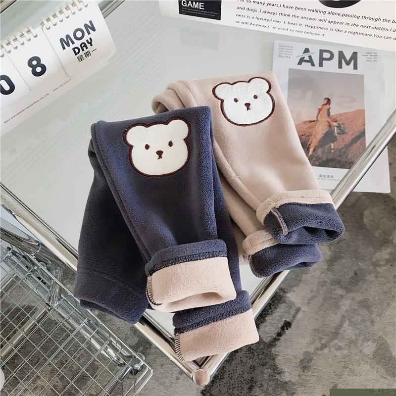 Quần legging lông cừu dày giữ ấm mùa đông in hình gấu hoạt hình dễ thương cho bé gái
