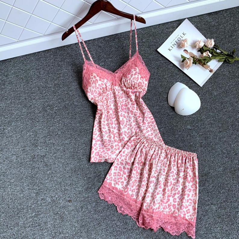 Bộ ngủ đùi da báo hồng hàng Quảng châu cao cấp