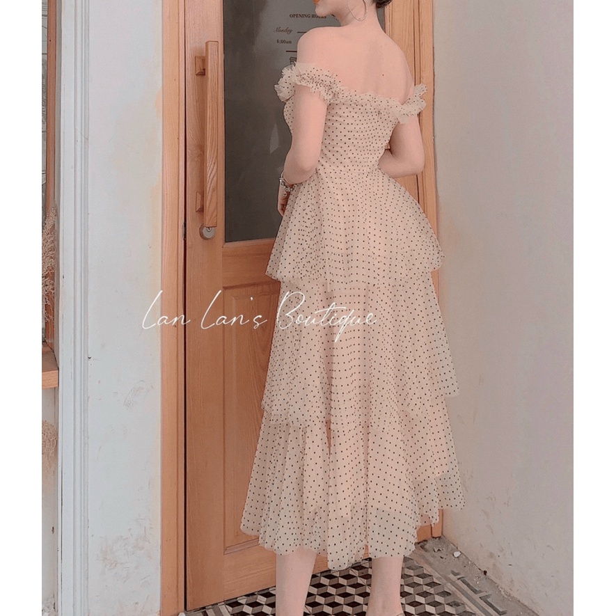 Đầm Trễ Vai Chất Lưới Bi Xếp Tầng Có Mút Ngực Mặc Đẹp Dáng Xinh NEW UNISEX