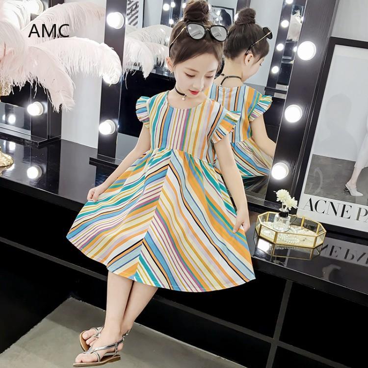 Đầm chữ A cổ tròn tay cánh thoáng mát họa tiết sọc nhiều màu đẹp mắt dễ thương dành cho bé gái từ 2-14 tuổi