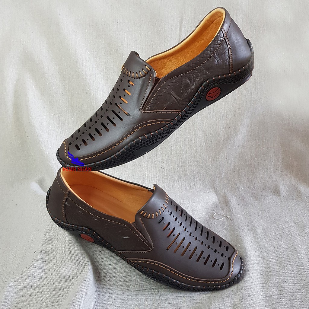 Giày rọ nam da bò cao cấp LÓT DA CỪU nguyên tấm đế khâu mùa hè đục lỗ thoáng khí Men’s Summer Shoes H-2 màu cafe