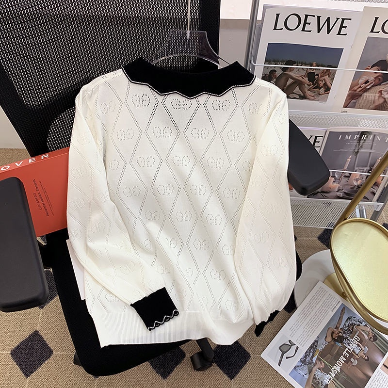 Áo Sweater Dệt Kim Tay Dài Cổ Búp Bê Màu Sắc Tương Phản Thời Trang Mùa