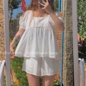 Bộ babydoll cổ hình vuông buộc dây chất đũi mát thiết kế tươi trẻ B5 Nội Y Xanh hàng đẹp trendy - nội y xanh