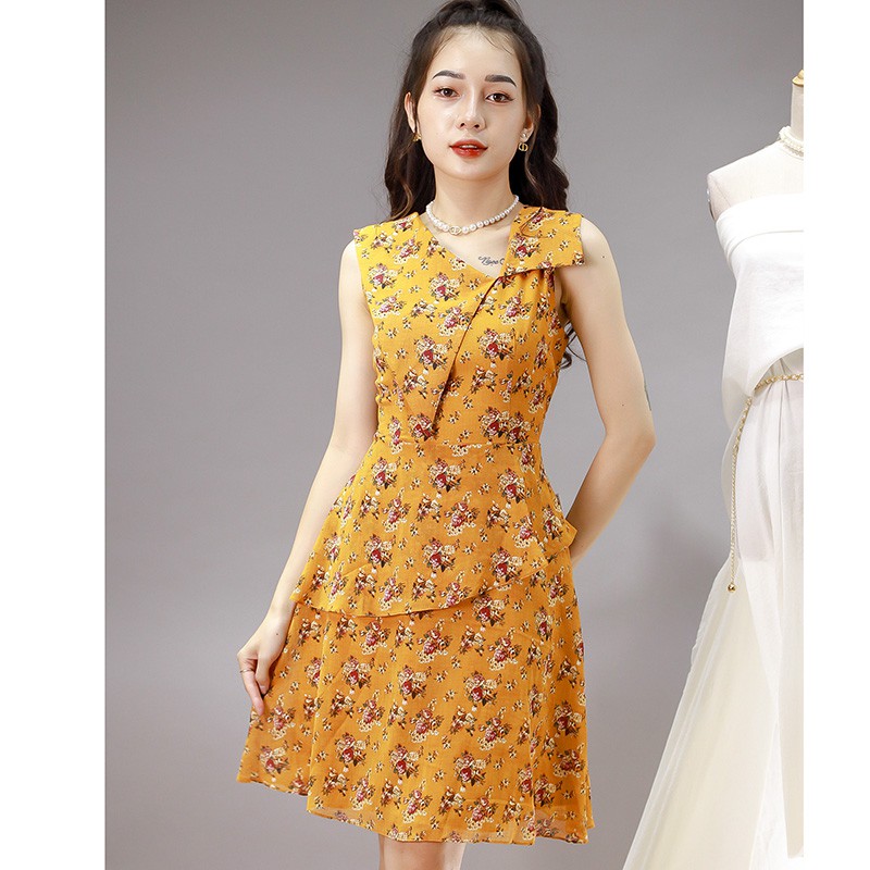 Đầm dáng xòe, bèo tầng, cổ ve lệch Emspo DS4030