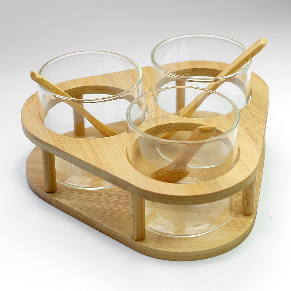 Bộ 3 hủ thủy tinh đựng gia vị khay gỗ HOBBY Home Decor HGVTG - gỗ tre có nắp và muỗng - mẫu tam giác
