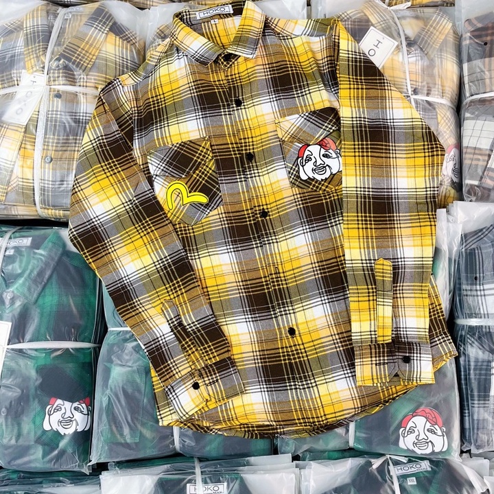 Áo Sơ Mi Nam Tay Dài Vải Nỉ Caro In Hình EVISU Phong Cách Độc Lạ Thời trang Hot Trend Mới