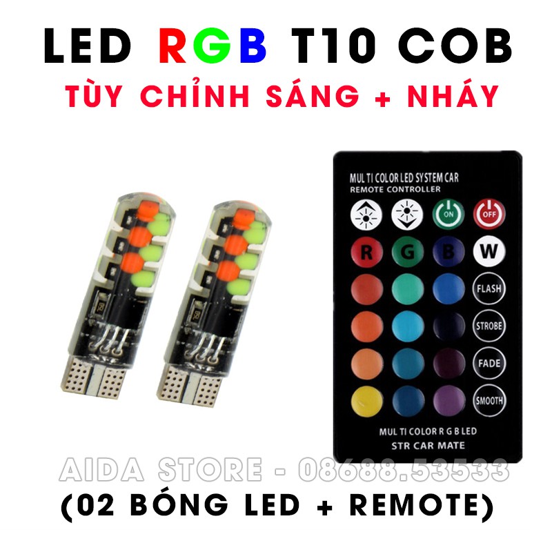 Bộ đèn LED RGB COB demi RGB điều khiển màu + chế độ nháy, sáng chuẩn T10 12v