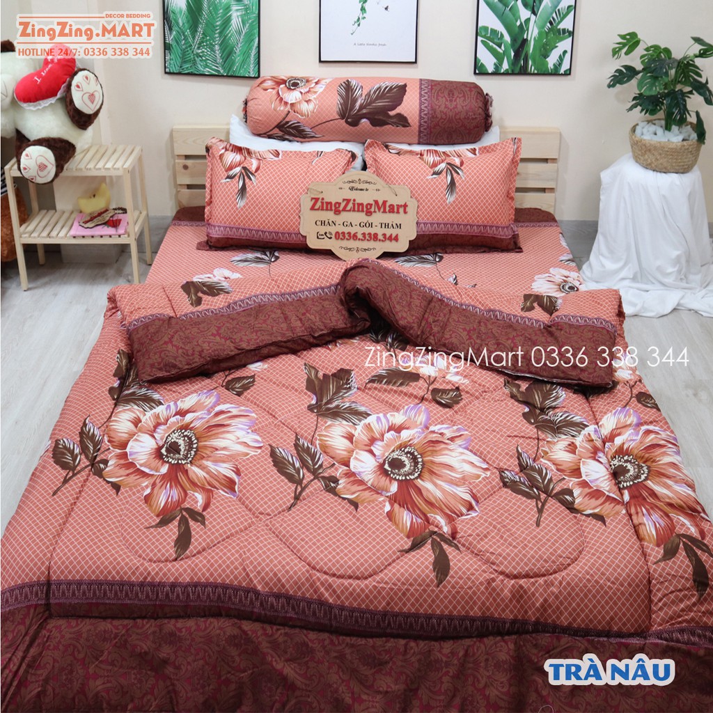 (GIẢM GIÁ) Sét 5 Món Chăn Phao Ga Gối có vỏ gối ôm Mẫu LÁ ME (Được chọn mẫu)