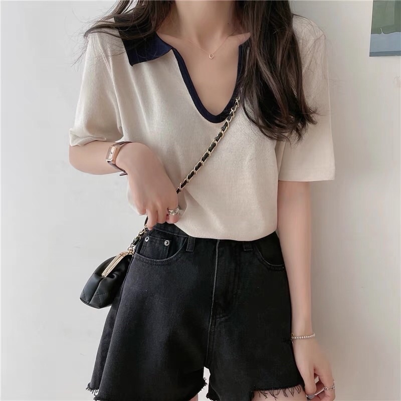 Áo dệt kim ngắn tay cổ V thời trang mùa hè Hàn Quốc đáng yêu cho nữ