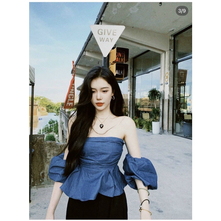 ÁO CROPTOP PEPLUM XANH XẾP NGỰC RỚT TAY PHỒNG